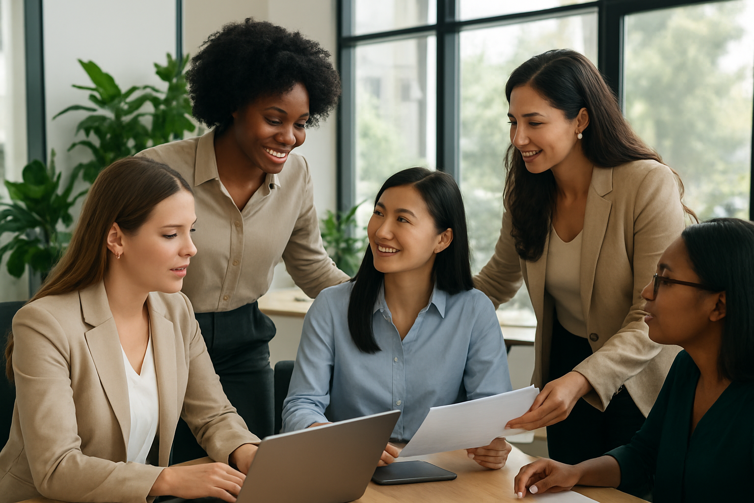 Create a realistic image of diverse women of different races (white, black, Asian, Hispanic) working together in a modern office environment, with some women mentoring others, sharing documents and laptops, while others are in supportive conversation, surrounded by plants and natural lighting from large windows, creating an empowering and collaborative atmosphere that conveys ongoing support and professional development, absolutely NO text should be in the scene.