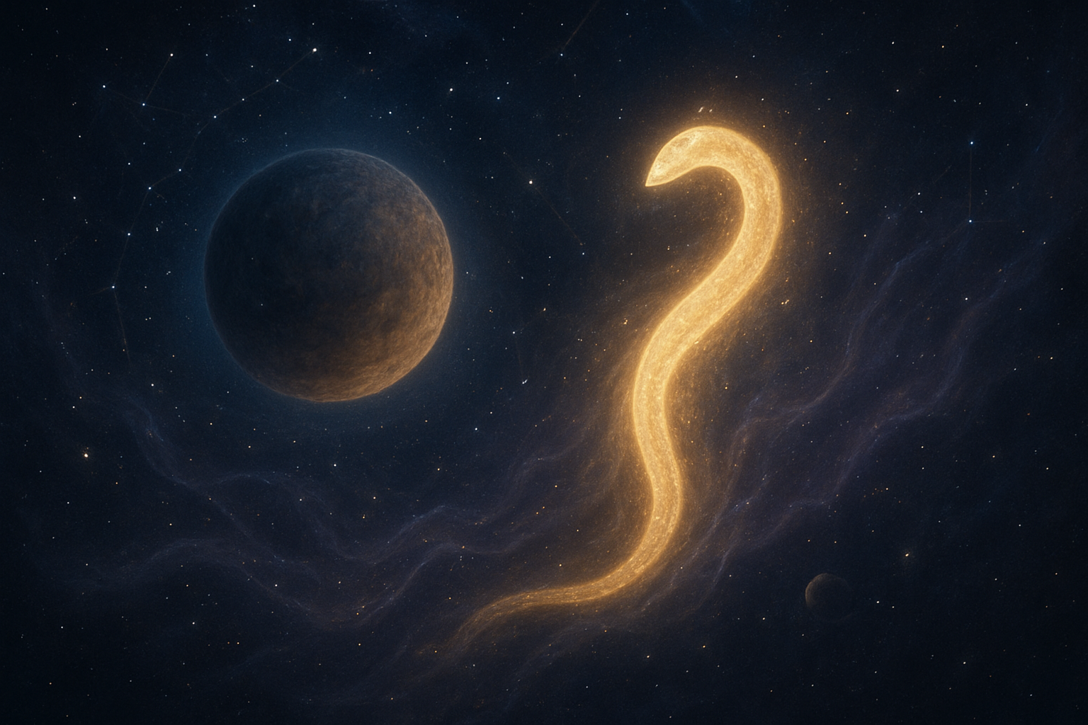 Create a realistic image of a mystical cosmic scene showing two celestial bodies representing Rahu and Ketu planets in ancient Hindu astronomy, with Ketu depicted as a glowing serpent tail or comet-like entity radiating golden divine light, positioned prominently in a star-filled dark blue night sky, surrounded by constellation patterns and cosmic energy waves in purple and silver hues, with subtle planetary alignments visible in the background, creating a spiritual and auspicious atmosphere with soft ethereal lighting that emphasizes the divine nature of the celestial influence, absolutely NO text should be in the scene.