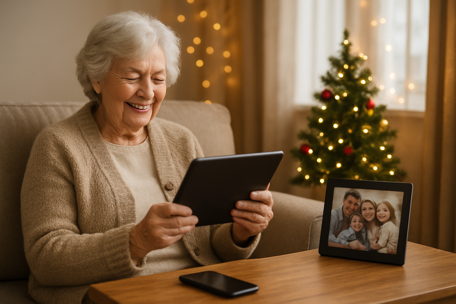 Create a realistic image of an elderly white female sitting comfortably on a living room couch, smiling while holding a modern tablet device, with a smartphone and digital photo frame displaying family pictures on a nearby coffee table, surrounded by warm Christmas decorations including a small decorated tree and twinkling lights in the background, soft natural lighting from a window creating a cozy and connected atmosphere, absolutely NO text should be in the scene.