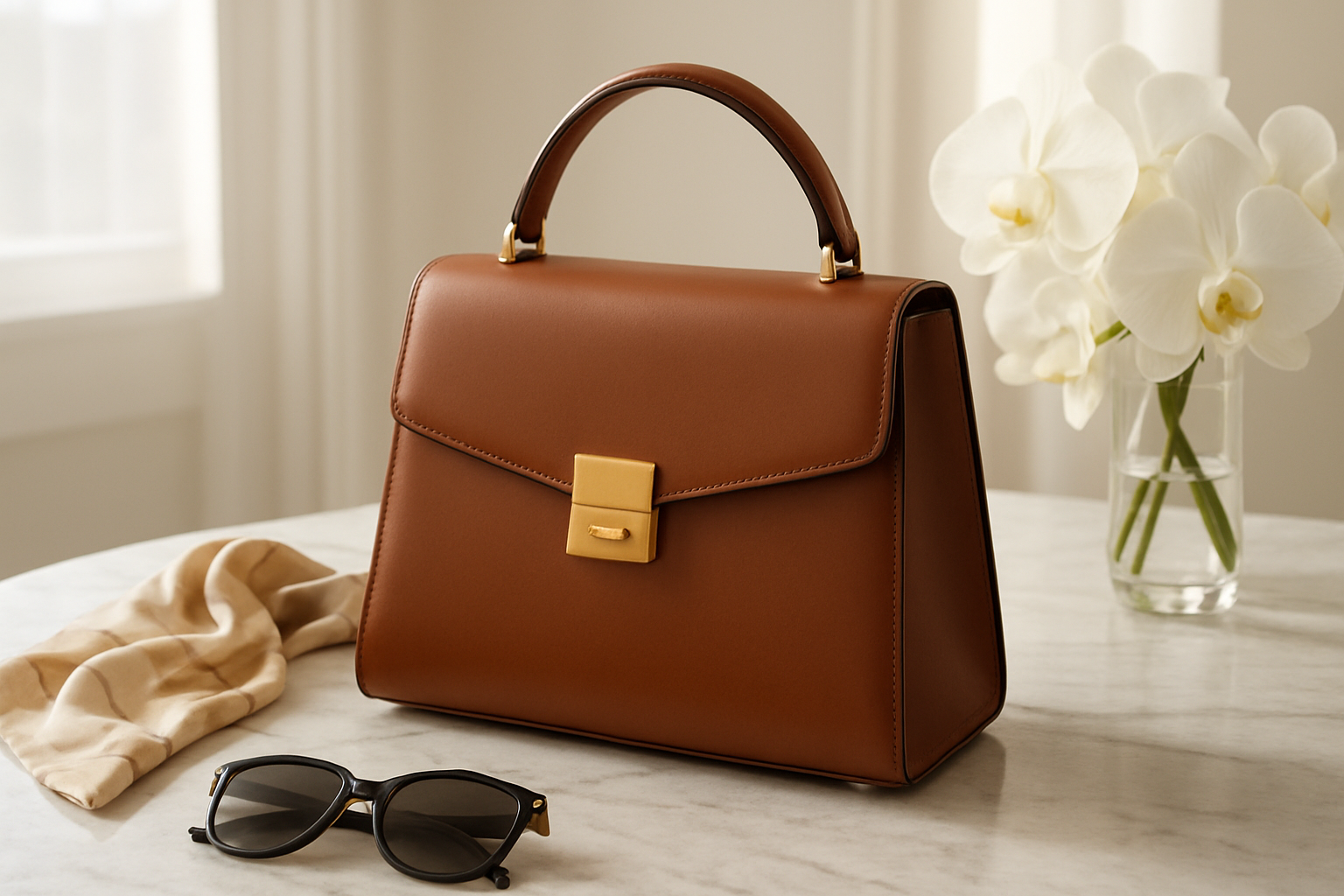 Create a realistic image of an elegant minimalist leather handbag in rich cognac brown positioned on a marble surface, showcasing premium materials and impeccable craftsmanship with clean geometric lines, subtle stitching details, and high-quality brass hardware, surrounded by luxurious lifestyle elements including a silk scarf, designer sunglasses, and fresh white orchids, with soft natural lighting from a large window creating gentle shadows that emphasize the bag's refined silhouette and sophisticated design, conveying timeless luxury and premium quality in a bright, upscale interior setting, absolutely NO text should be in the scene.