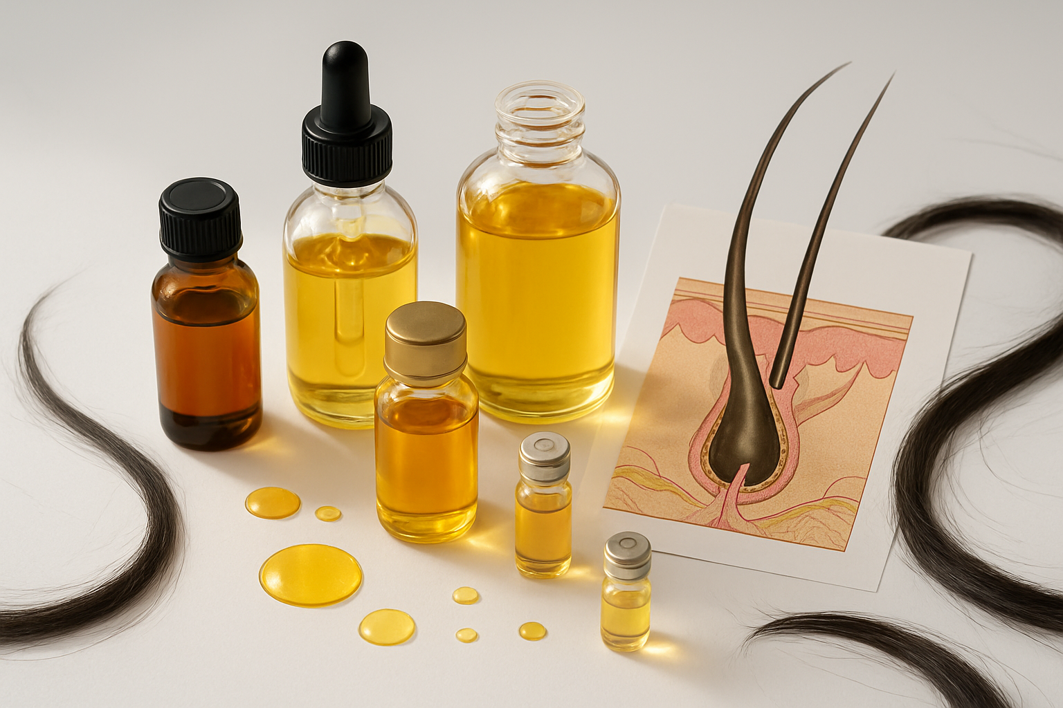 Create a realistic image of various hair oil bottles and small glass vials arranged on a clean white surface, with droplets of golden and amber-colored oils visible, alongside a scientific cross-section diagram illustration of a hair follicle showing the root and shaft structure, with a few strands of healthy dark hair placed naturally around the oils, soft natural lighting creating gentle shadows, clean and educational atmosphere suggesting hair care science, absolutely NO text should be in the scene.