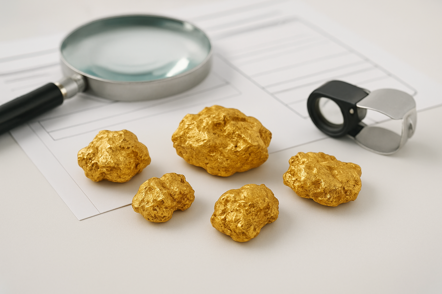 Create a realistic image of several genuine gold nuggets of varying sizes displayed on a pristine white surface with official certification documents partially visible beneath them, a magnifying glass positioned nearby for examination, and a professional jeweler's loupe resting beside the nuggets, all arranged on a clean laboratory or appraisal workspace with bright, even lighting that highlights the natural golden luster and texture of the nuggets, conveying trust and professional authenticity in a sterile, official setting, absolutely NO text should be in the scene.