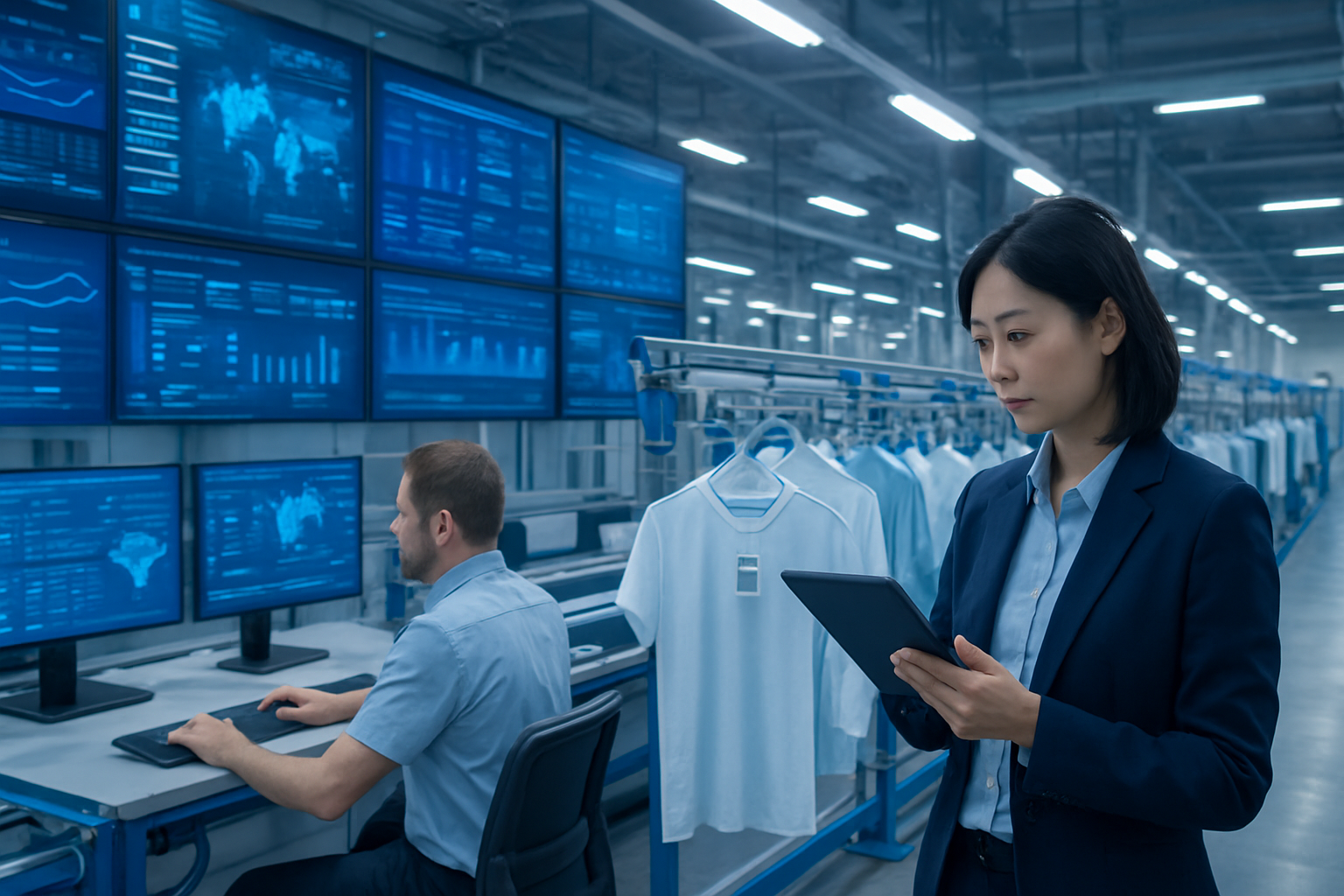 From Sampling to Shipment: A Transparent Apparel Export Process for Global Buyers in 2026 Create a realistic image of a modern apparel manufacturing facility with digital transparency technology, featuring large wall-mounted screens displaying real-time supply chain data and tracking information, Asian female quality control manager using a tablet to scan QR codes on garment samples, white male logistics coordinator monitoring shipment status on multiple computer monitors, automated conveyor systems with RFID-tagged clothing items moving through the facility, digital dashboards showing production metrics and delivery timelines, clean industrial environment with excellent LED lighting, high-tech atmosphere emphasizing efficiency and transparency, futuristic mood with blue and white color scheme, absolutely NO text should be in the scene.