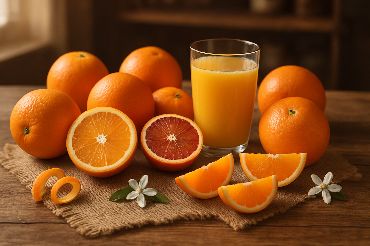 Create a realistic image of a beautiful rustic wooden table displaying a comprehensive orange showcase featuring whole fresh oranges of different varieties including navel, blood, and Valencia oranges, some cut in half revealing their vibrant internal segments, orange slices arranged artistically, a small pile of orange peels, a glass of fresh orange juice, and scattered orange blossoms, all arranged on a natural burlap cloth with soft natural lighting from a window creating gentle shadows, warm golden hour ambiance, kitchen or farmhouse setting with blurred background shelves, emphasizing the complete orange experience from fruit to juice. Absolutely NO text should be in the scene.