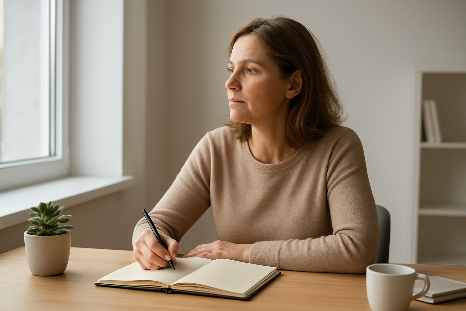Create a realistic image of a middle-aged white female sitting at a clean wooden desk with a notebook open, pen in hand, looking thoughtfully out a large window with natural daylight streaming in, surrounded by a minimalist room with a few organized items like a small plant and coffee cup, conveying a sense of contemplation and planning for new beginnings, with soft natural lighting creating a calm and focused atmosphere, absolutely NO text should be in the scene.