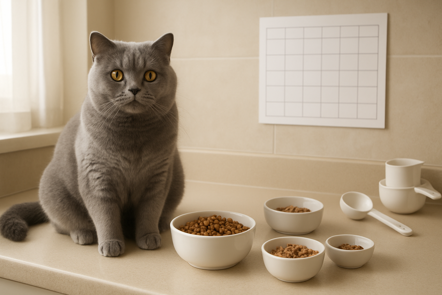 Create a realistic image of a beautiful British Blue Shorthair cat sitting beside multiple food bowls of varying sizes arranged on a clean kitchen counter, with a wall-mounted feeding schedule chart visible in the background, measuring cups and a pet food scoop nearby, natural daylight streaming through a window creating soft lighting, showcasing portion control with different amounts of dry and wet cat food in the bowls, warm and organized domestic kitchen atmosphere, absolutely NO text should be in the scene.