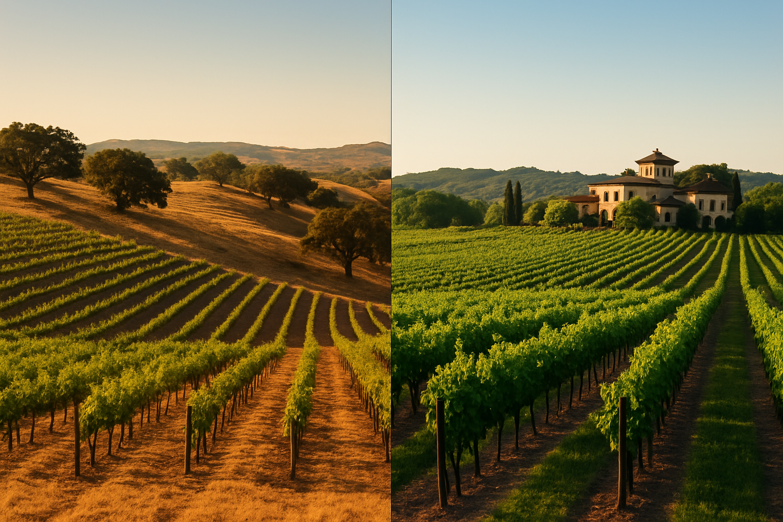 Create a realistic image of a split-screen comparison showing the distinct characteristics of two wine regions, with rolling hills covered in neat vineyard rows on the left side featuring more rustic, golden-hued landscape with oak trees scattered throughout, and on the right side showing more manicured, lush green vineyards with elegant estate buildings in the background, both sides under warm golden hour lighting with a clear blue sky, showcasing the contrasting terroir and atmosphere of different wine-growing areas. Absolutely NO text should be in the scene.