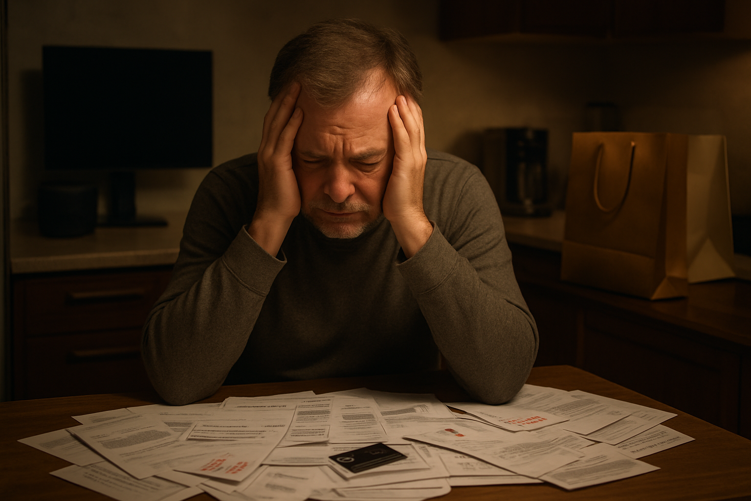 Create a realistic image of a stressed middle-aged white male sitting at a kitchen table surrounded by scattered bills, credit card statements, and overdue notices, with his head in his hands showing financial distress, expensive items visible in the background like luxury electronics and shopping bags, dim warm lighting creating a somber mood that conveys financial burden and regret, absolutely NO text should be in the scene.