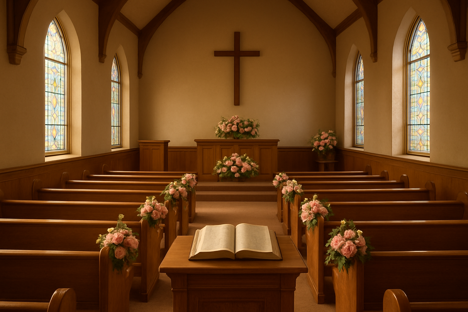 Create a realistic image of a church sanctuary interior with wooden pews arranged in rows facing a pulpit area, soft natural light streaming through stained glass windows, fresh pink and white flowers arranged at the altar and along the aisles, an open Bible on the pulpit stand, warm golden lighting creating a peaceful and reverent atmosphere, empty pews suggesting preparation before a service begins, wooden cross visible on the wall behind the altar area, absolutely NO text should be in the scene.