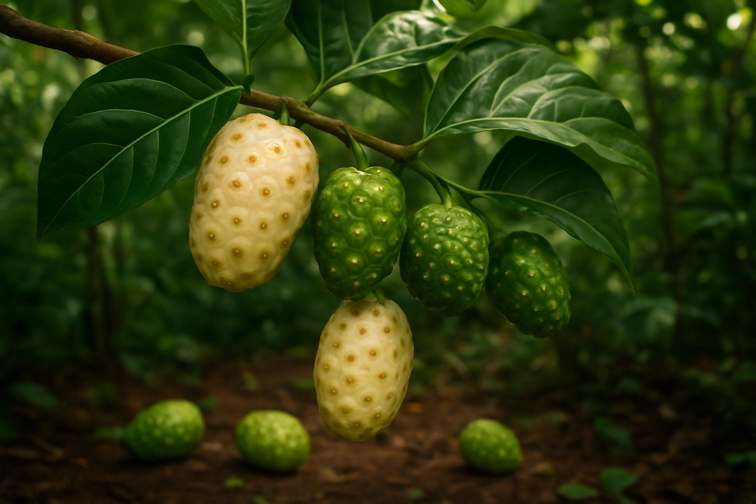 Create a realistic image of fresh noni fruits in their natural tropical environment, showing both ripe whitish-yellow bumpy textured noni fruits and unripe green ones hanging from a noni tree branch with large dark green oval leaves, set against a lush tropical background with soft natural lighting filtering through the canopy, including some fallen noni fruits on the ground to show different stages of ripeness, with rich earth tones and vibrant green foliage creating a serene tropical atmosphere. Absolutely NO text should be in the scene.
