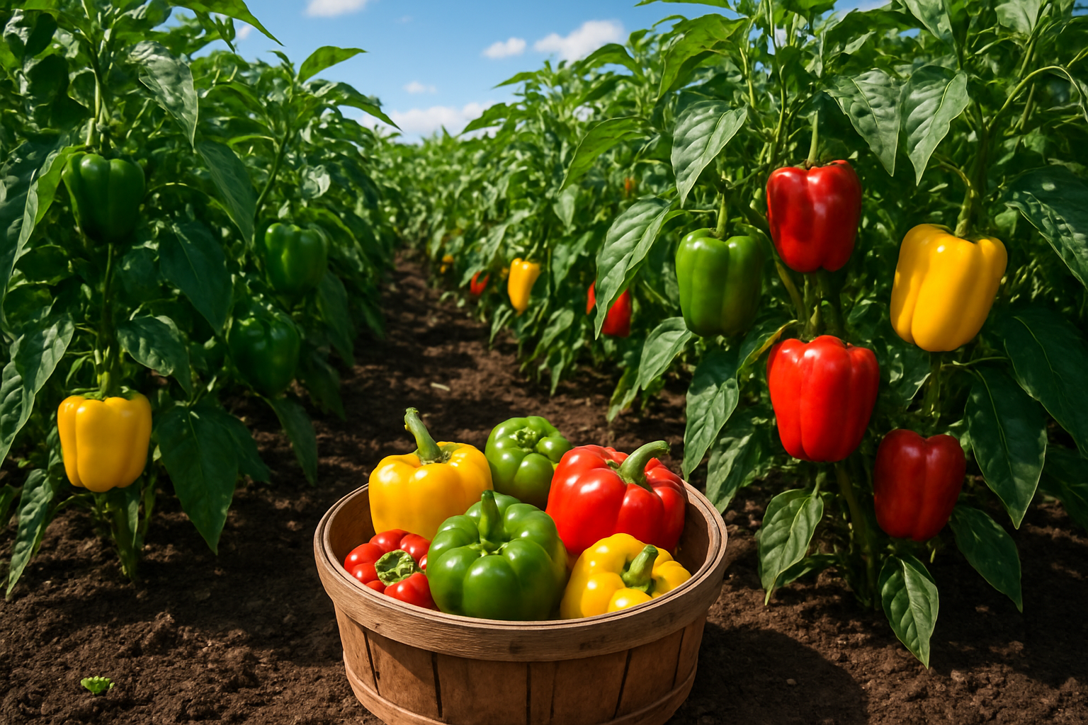 Create a realistic image of a flourishing bell pepper garden with mature bell pepper plants growing in rich, dark soil, showing various stages of bell pepper development from small green buds to fully grown colorful bell peppers in red, yellow, and green varieties hanging from the plants, with some freshly harvested bell peppers in a wooden basket placed beside the garden rows, under bright natural sunlight with a clear blue sky in the background, featuring lush green foliage and healthy plant stems, absolutely NO text should be in the scene.