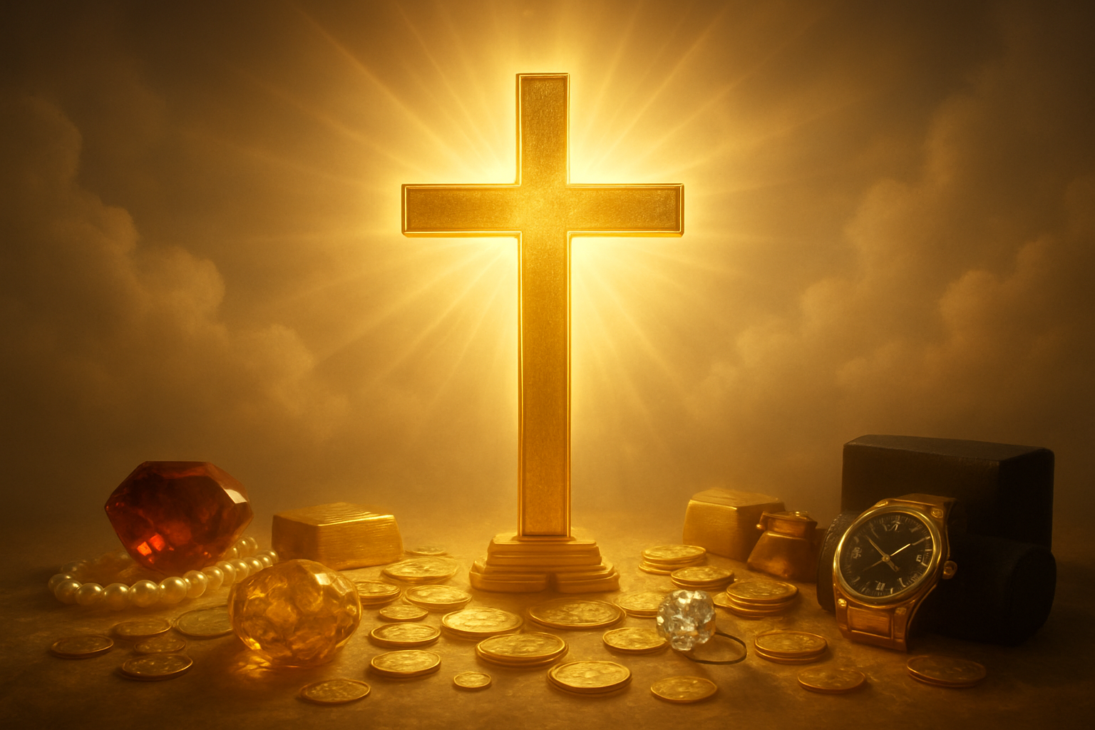 Create a realistic image of a magnificent golden cross radiating brilliant divine light standing prominently in the center, surrounded by various earthly gifts and treasures like jewels, gold coins, expensive watches, and luxury items that appear dim and insignificant in comparison to the glowing cross, set against a heavenly background with soft clouds and warm golden lighting that emphasizes the supremacy of the central cross over all material possessions, conveying a sense of divine majesty and spiritual transcendence, absolutely NO text should be in the scene.