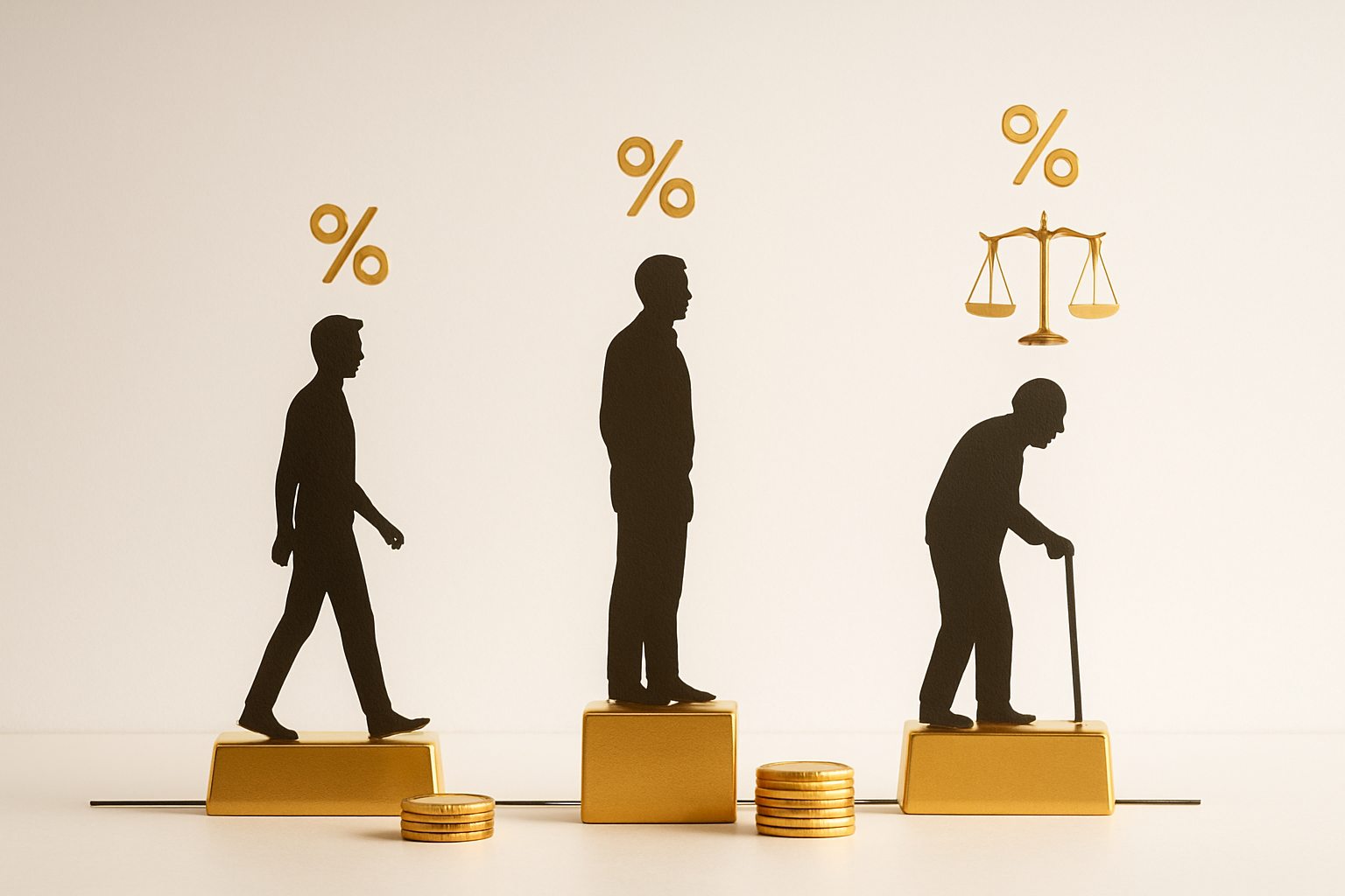 Create a realistic image of a horizontal timeline showing different life stages with gold bars and coins positioned at varying heights above each stage, featuring silhouettes of an Indian male at different ages (young adult, middle-aged, elderly) from left to right, with golden scales and percentage symbols floating above each figure, set against a clean white background with soft natural lighting, modern minimalist style with warm golden tones, absolutely NO text should be in the scene.