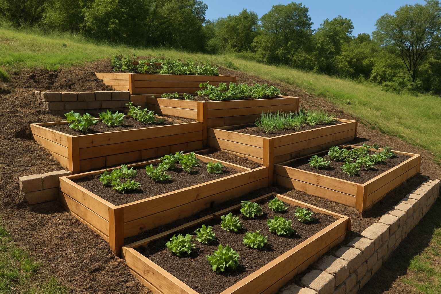 Create a realistic image of a well-designed terraced raised bed system built on a sloping hillside, showing multiple rectangular wooden raised garden beds positioned at different levels following the natural contours of the slope, with retaining walls between each terrace level, rich dark soil visible in the beds, some planted with various vegetables and herbs, surrounded by natural landscape with grass and trees in the background, bright daylight with clear blue sky, showcasing the structural engineering and planning aspects of the terraced design. Absolutely NO text should be in the scene.
