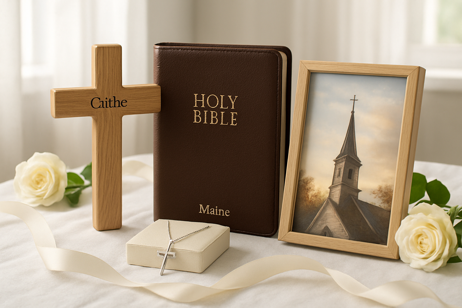 Create a realistic image of an elegant gift arrangement featuring personalized Christian items including a custom engraved wooden cross, a personalized Bible with embossed name, a delicate silver necklace with cross pendant, and a custom photo frame with inspirational verse, all beautifully arranged on a soft white fabric surface with gentle natural lighting from a nearby window, surrounded by fresh white roses and wrapped with cream-colored ribbon, conveying warmth and thoughtful care in a peaceful indoor setting, absolutely NO text should be in the scene.
