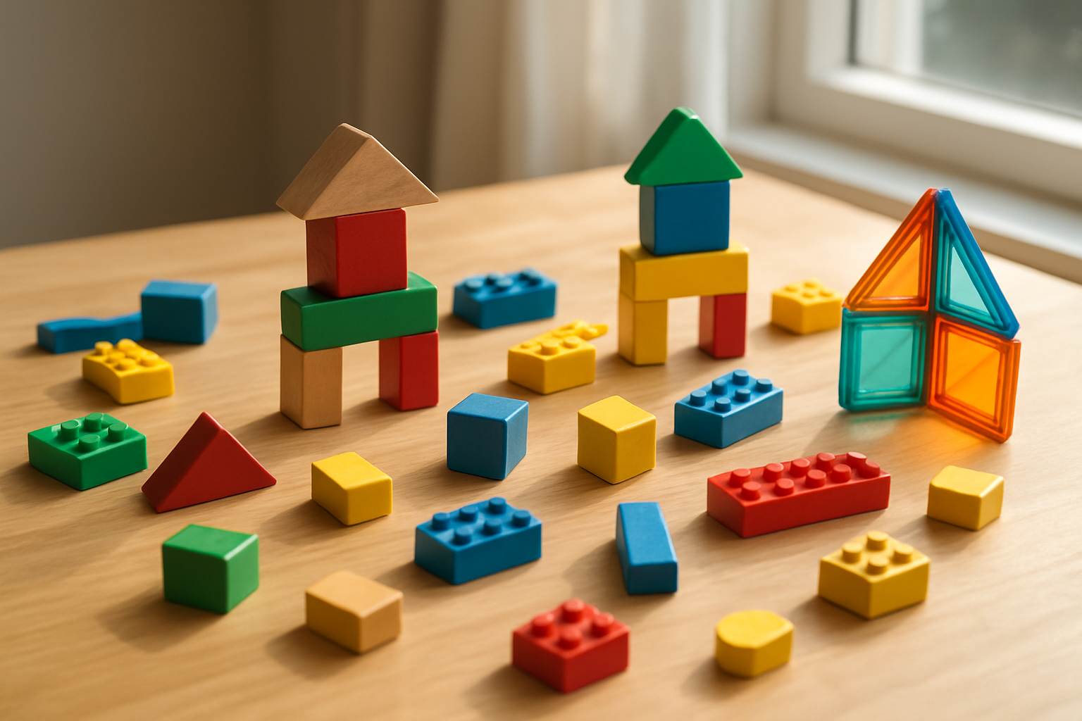 Create a realistic image of colorful wooden building blocks, LEGO bricks, and magnetic tiles scattered on a clean wooden table surface, with some blocks already assembled into simple towers and structures, natural daylight streaming through a nearby window creating soft shadows, warm and inviting educational atmosphere that emphasizes hands-on learning and creativity, absolutely NO text should be in the scene.