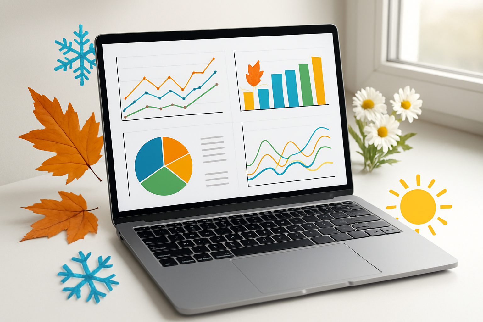 Create a realistic image of a modern laptop computer displaying colorful seasonal search trend graphs and analytics charts on the screen, surrounded by seasonal elements like autumn leaves, winter snowflakes, spring flowers, and summer sun icons arranged artistically around the device, set on a clean white desk with soft natural lighting from a window, conveying a professional digital marketing workspace atmosphere, absolutely NO text should be in the scene.