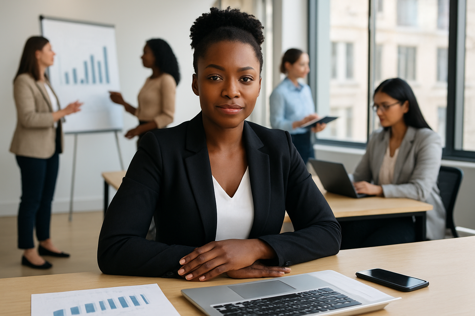 Create a realistic image of a confident black female entrepreneur sitting at a modern desk with a laptop, smartphone, and financial documents spread out, while in the background other diverse women are engaged in various professional activities like presenting charts, networking, and working on tablets in a bright contemporary office space with natural lighting streaming through large windows, conveying empowerment and success. Absolutely NO text should be in the scene.