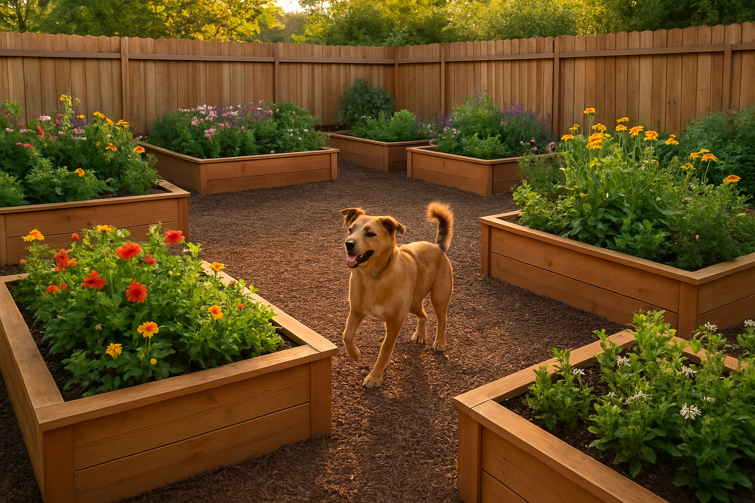 Create a realistic image of a well-designed backyard showing wooden raised garden beds filled with colorful flowers and green plants arranged around a grassless dog yard area, with the raised beds elevated 12-18 inches off the ground to protect the landscaping from dogs, featuring mulched pathways between the beds, a happy medium-sized dog playing in the central open yard area covered with wood chips or gravel, surrounded by a wooden fence, captured during golden hour lighting with soft shadows, showing how raised beds create defined garden spaces while providing a functional pet-friendly yard solution, absolutely NO text should be in the scene.