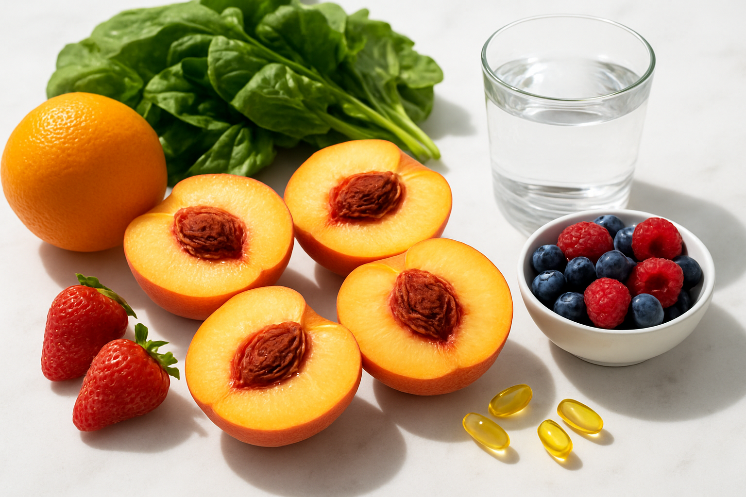 Create a realistic image of fresh peaches cut in half displaying the juicy flesh and pit, arranged alongside colorful fruits and vegetables like oranges, leafy greens, and berries on a clean white marble surface, with a glass of water and vitamin supplement capsules nearby, bright natural lighting from above creating soft shadows, emphasizing the vibrant colors and fresh texture of the produce to represent healthy nutrition and wellness, absolutely NO text should be in the scene.