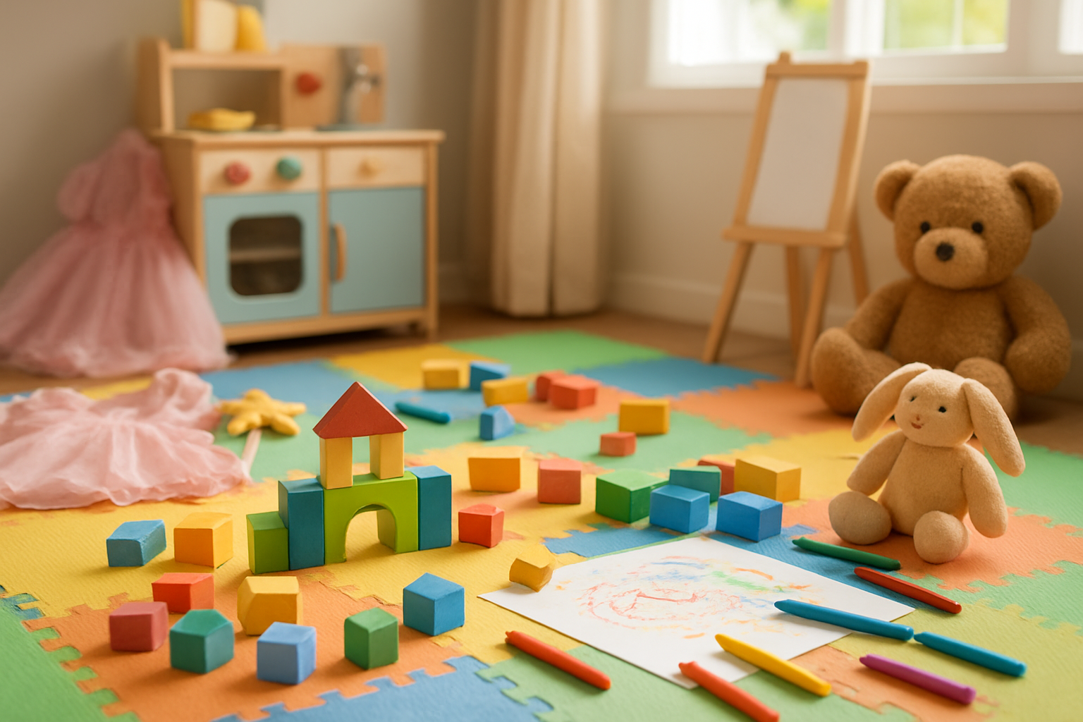 Create a realistic image of colorful toddler toys scattered on a soft play mat including wooden building blocks, a toy kitchen set, dress-up costumes, art supplies like crayons and paper, stuffed animals, and a small easel, arranged in a bright, cheerful playroom with natural lighting from a window, warm and inviting atmosphere that encourages creative play, absolutely NO text should be in the scene.