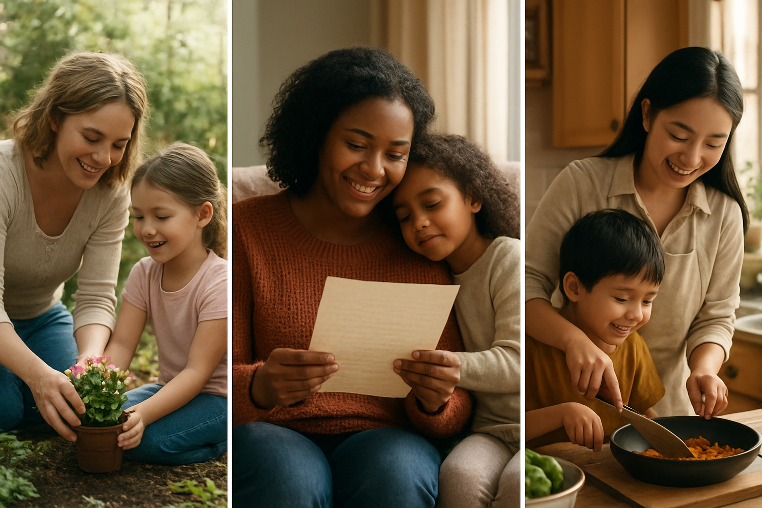 Create a realistic image of a diverse group of women and children engaged in meaningful, non-commercial Mother's Day activities including a white mother and daughter planting flowers together in a garden, a black mother reading a handwritten letter while sitting on a cozy couch, and an Asian mother cooking with her son in a warm kitchen, all scenes showing genuine connection and love through simple gestures like homemade gifts, handwritten notes, and quality time together, with soft natural lighting streaming through windows creating a warm and intimate atmosphere that emphasizes authentic relationships over material gifts, absolutely NO text should be in the scene.