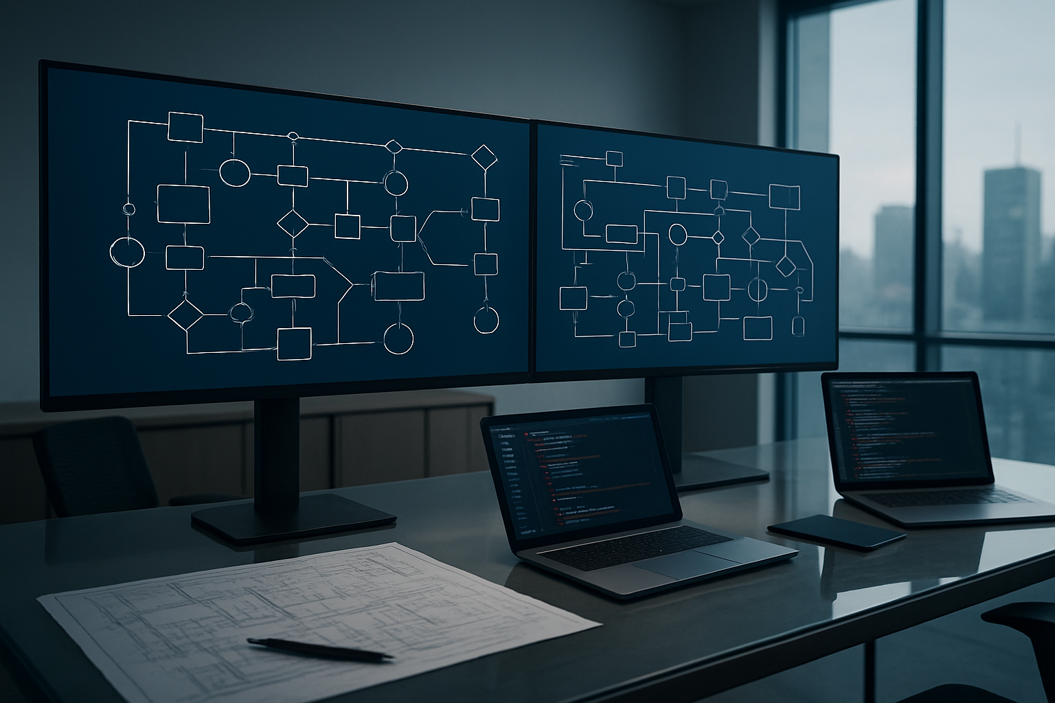Create a realistic image of a modern tech workspace showing a sophisticated software architecture diagram displayed on multiple large monitors, featuring interconnected nodes, microservices, and data flow patterns with clean geometric shapes and connecting lines, surrounded by sleek computer workstations with open laptops showing code interfaces, architectural blueprints scattered on a glass desk, and subtle ambient lighting creating a professional atmosphere that emphasizes innovation and systematic design, with a minimalist office background featuring contemporary furniture and large windows showing a city skyline, absolutely NO text should be in the scene.
