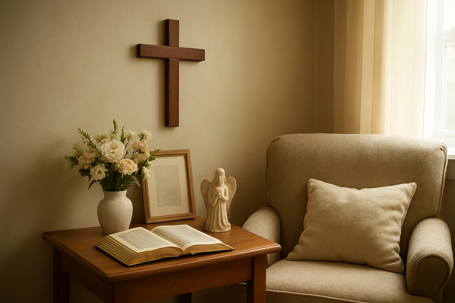 Create a realistic image of a cozy living room corner featuring Christian home decor items suitable for elderly people, including a wooden cross mounted on the wall, a small table with an open Bible, a framed scripture verse, a ceramic angel figurine, fresh flowers in a vase, and a comfortable armchair with soft lighting from a nearby window creating a peaceful, faith-filled atmosphere, absolutely NO text should be in the scene.