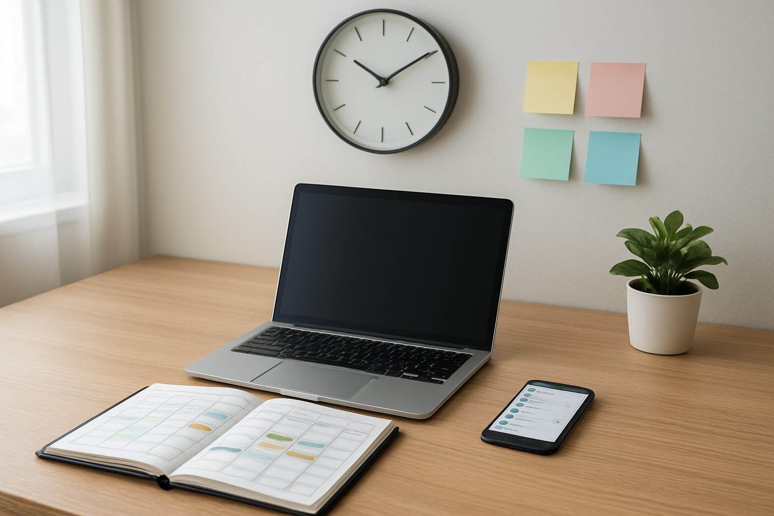 Create a realistic image of a clean, organized workspace featuring a wooden desk with a laptop computer, a physical planner or calendar opened to show scheduled time blocks, a sleek wall clock, a few colorful sticky notes arranged neatly, a smartphone displaying a productivity app interface, and a small potted plant, set against a minimalist modern office background with soft natural lighting from a nearby window, conveying an atmosphere of efficiency and organized productivity, absolutely NO text should be in the scene.