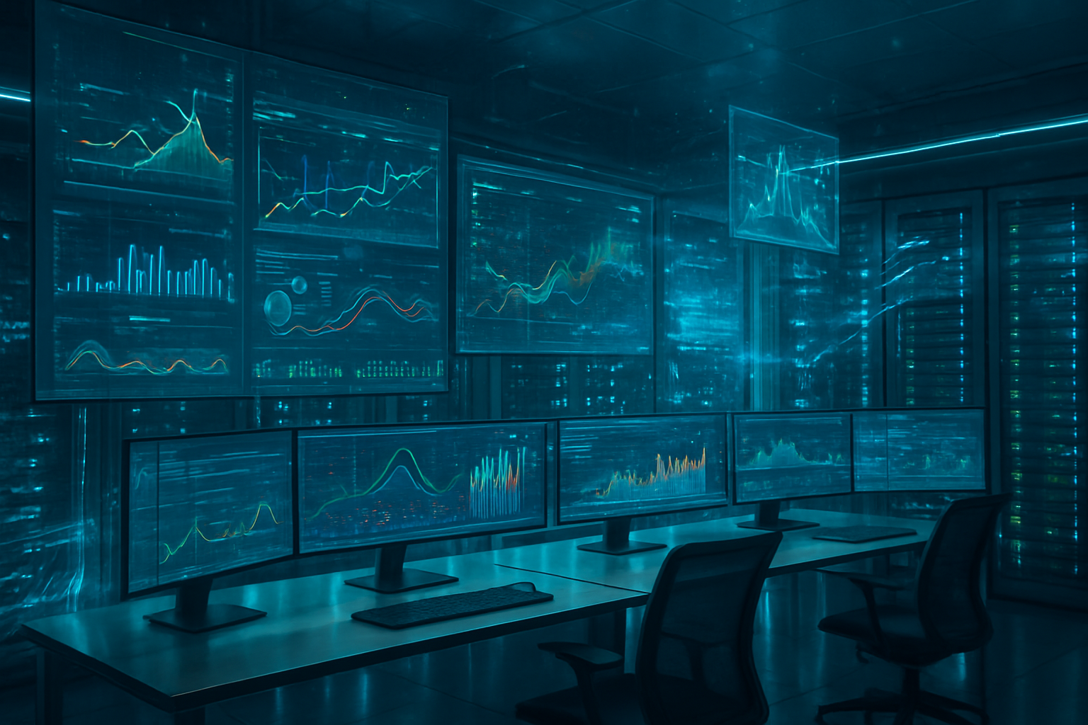 Create a realistic image of a modern data center or tech facility with multiple large digital displays and monitors showing real-time data streams, charts, and analytics dashboards with flowing colorful graphs and live data visualizations, servers with blinking LED lights in the background, fiber optic cables glowing with data transmission, holographic or transparent screens floating in the air displaying streaming analytics, a futuristic control room atmosphere with blue and green ambient lighting, digital particles or data streams flowing through the air, multiple workstations with curved ultrawide monitors, a sleek modern environment with glass surfaces and metallic accents, dynamic lighting that suggests constant activity and real-time processing, absolutely NO text should be in the scene.