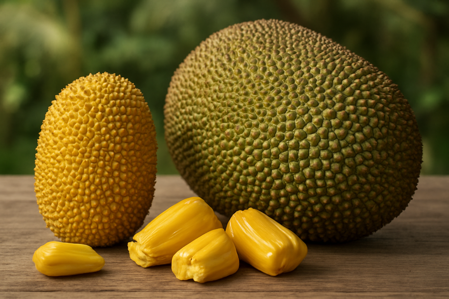 Create a realistic image of a whole cempedak fruit and a regular jackfruit placed side by side on a wooden surface for size and visual comparison, with both fruits showing their distinctive spiky exterior textures, the cempedak being smaller and more golden-yellow in color while the jackfruit is larger and greenish-brown, surrounded by a few opened segments revealing the bright yellow flesh inside each fruit, set against a soft natural lighting with a blurred tropical foliage background, absolutely NO text should be in the scene.