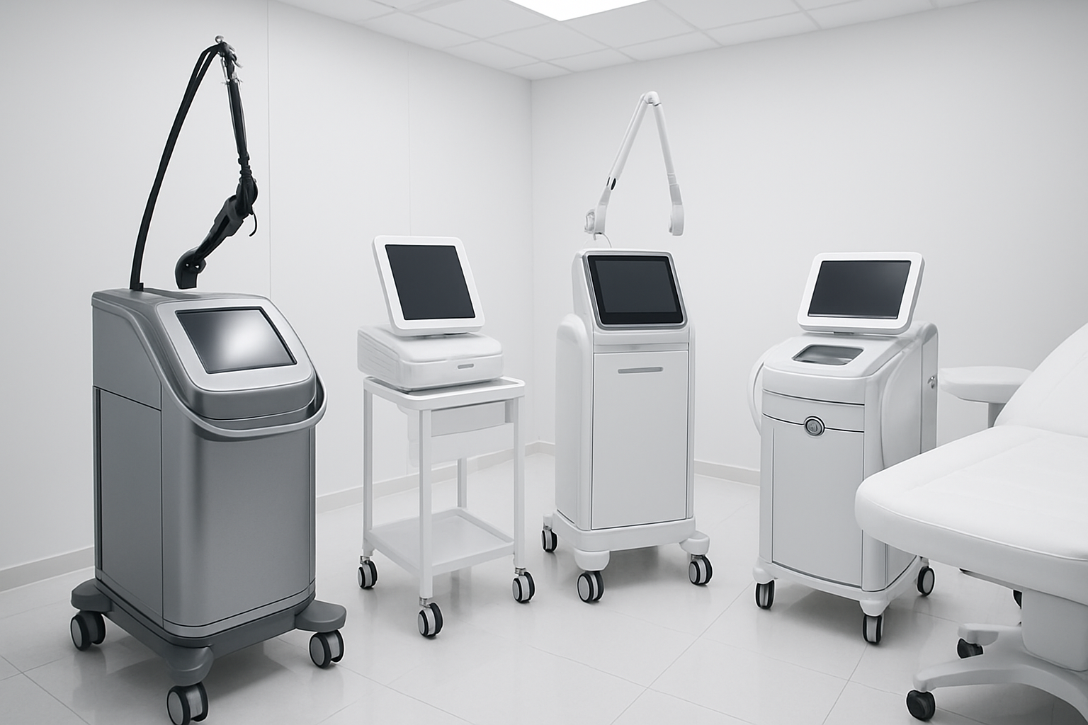 Create a realistic image of modern dermatology equipment in a pristine medical clinic setting, featuring advanced laser devices, digital skin analysis machines, and high-tech treatment apparatus with sleek metallic surfaces and LED displays, arranged in a clean white clinical room with bright professional lighting, sterile medical environment with polished floors and contemporary medical furniture, emphasizing precision technology and innovation in skincare treatment, absolutely NO text should be in the scene.