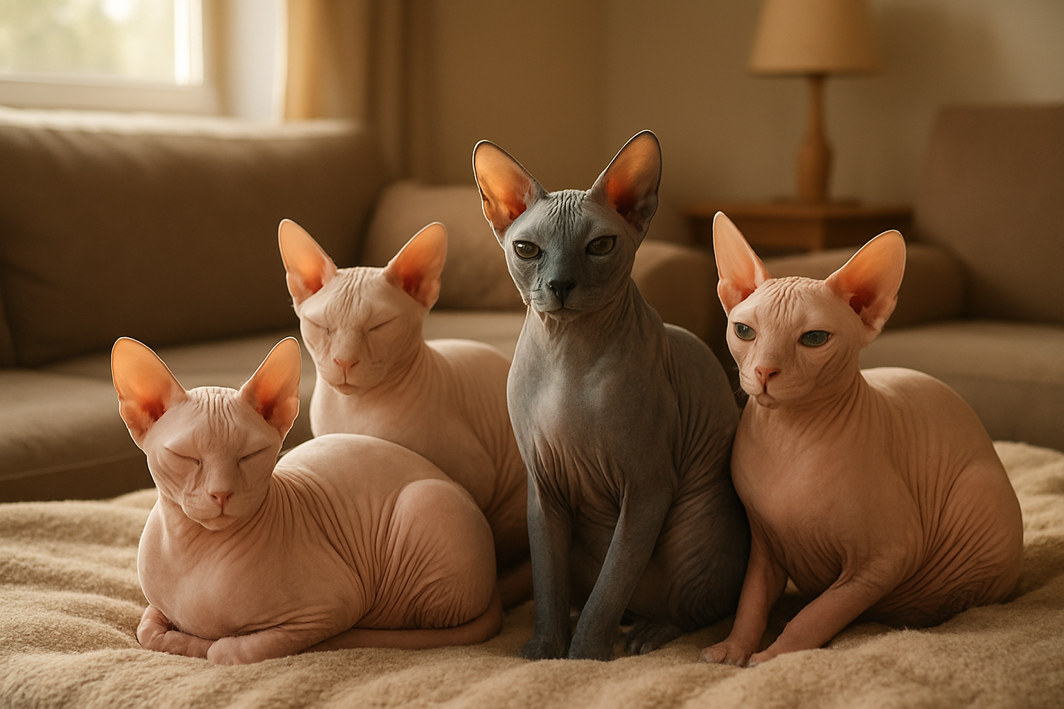 Create a realistic image of multiple hairless cats of different breeds sitting peacefully together on a soft beige blanket in a warm, sunlit living room, showcasing their unique skin textures and colors including wrinkled pink, gray, and cream tones, with a cozy home environment featuring comfortable furniture and natural lighting streaming through a window, creating a serene and loving atmosphere that emphasizes the beauty and elegance of hairless cat breeds, absolutely NO text should be in the scene.