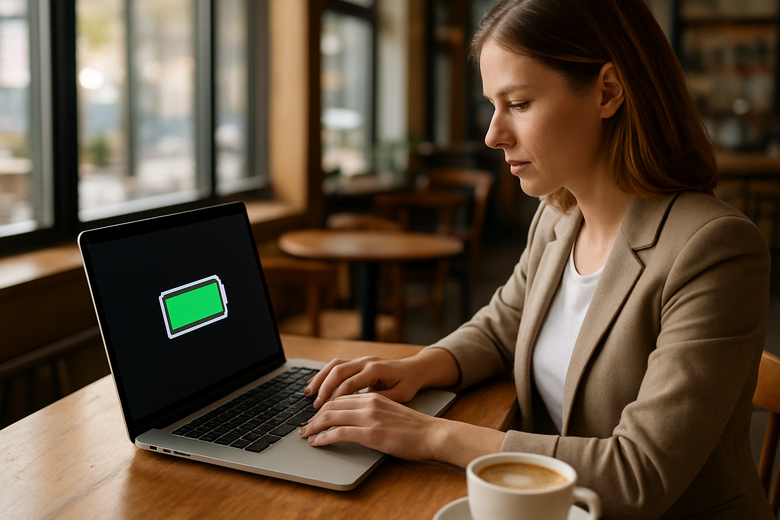 Create a realistic image of a modern silver MacBook Pro laptop open on a wooden desk in a bright coffee shop, with the battery icon showing full charge on the screen, a white female professional in her 30s working productively on the laptop with a coffee cup nearby, natural daylight streaming through large windows creating a warm and energetic atmosphere, showing the laptop being used actively throughout the day without being plugged into any power source, absolutely NO text should be in the scene.