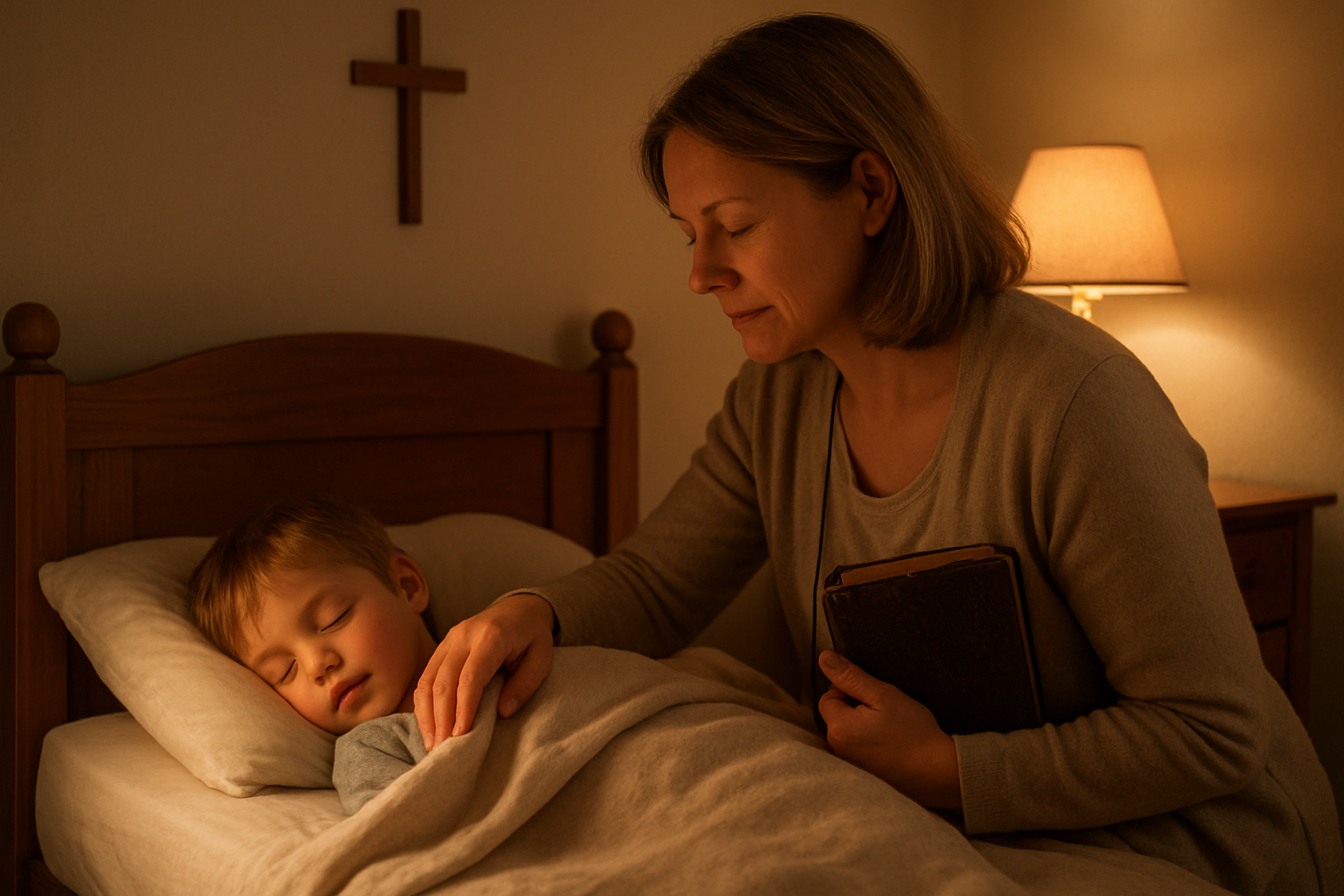 Create a realistic image of a gentle middle-aged white female mother kneeling beside a small child's bed, tenderly tucking in a young child while holding a worn leather Bible in her other hand, soft warm lamplight illuminating the peaceful bedroom scene with simple wooden furniture and a cross hanging on the wall in the background, conveying deep maternal love and devotion through her caring expression and protective posture, absolutely NO text should be in the scene.
