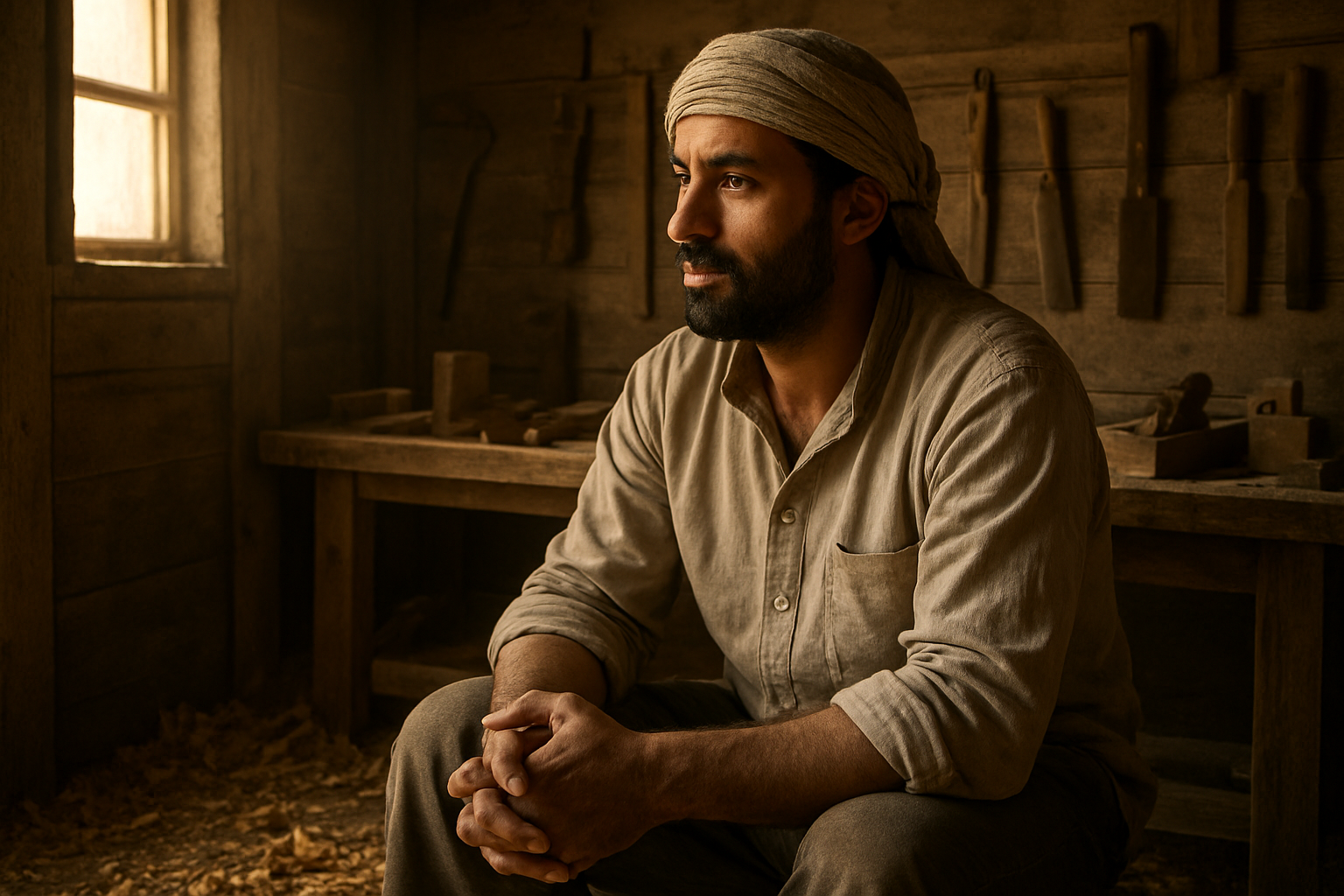Create a realistic image of a Middle Eastern male carpenter in his thirties with weathered hands and a contemplative expression, sitting quietly in a humble wooden workshop filled with traditional carpentry tools, wood shavings scattered on the floor, soft golden sunlight filtering through a small window casting gentle shadows, conveying a sense of peaceful strength and quiet dignity, with the man's posture reflecting deep thoughtfulness and inner resolve, absolutely NO text should be in the scene.