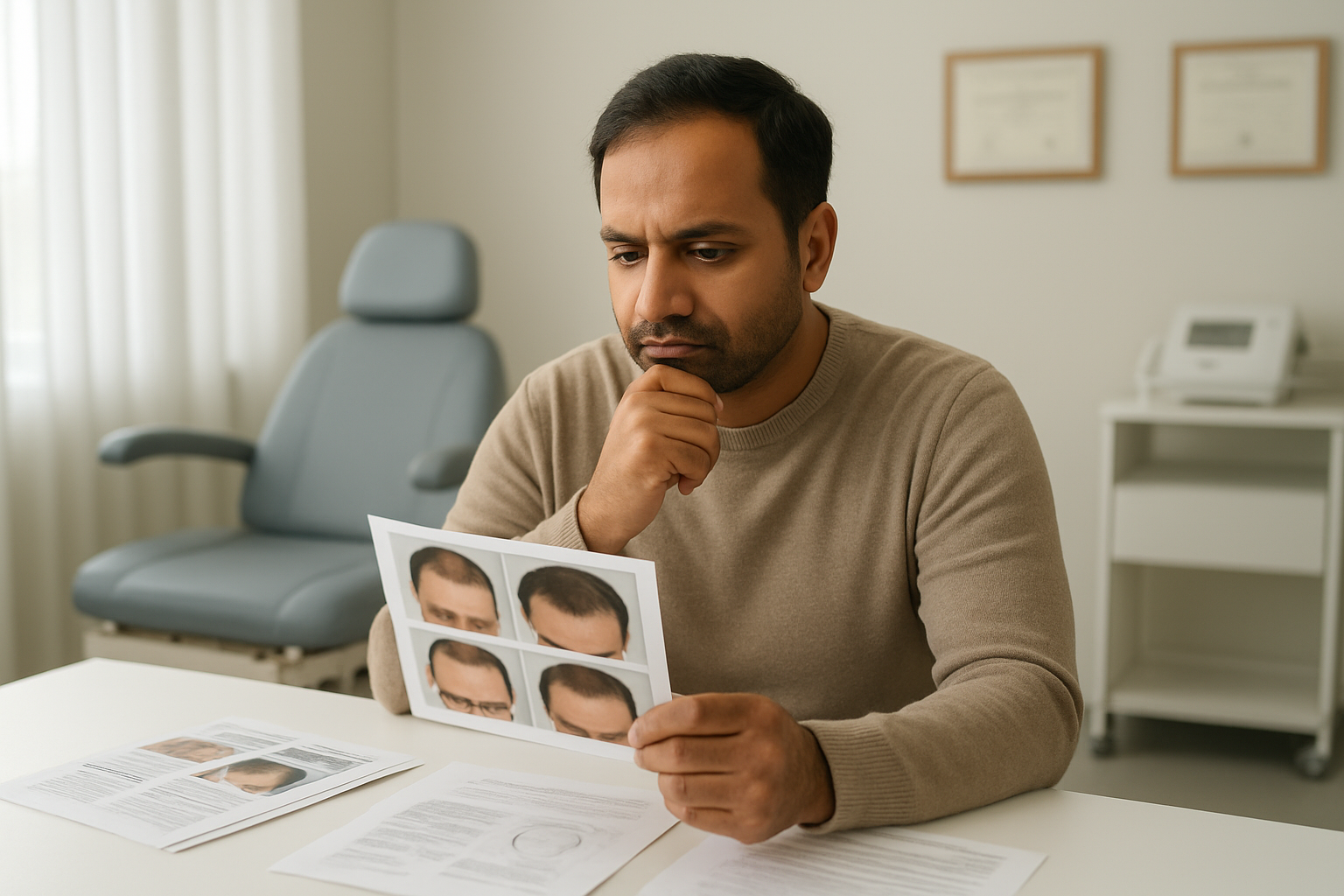 Create a realistic image of a middle-aged Indian male patient sitting in a modern medical consultation room, thoughtfully reviewing hair transplant clinic brochures and documents spread on a clean white desk, with a professional medical chair and equipment visible in the background, soft natural lighting from a window creating a calm and contemplative atmosphere, the man appearing focused and deliberate as he compares different options, modern clinic interior with neutral colors and medical certificates on the wall, absolutely NO text should be in the scene.