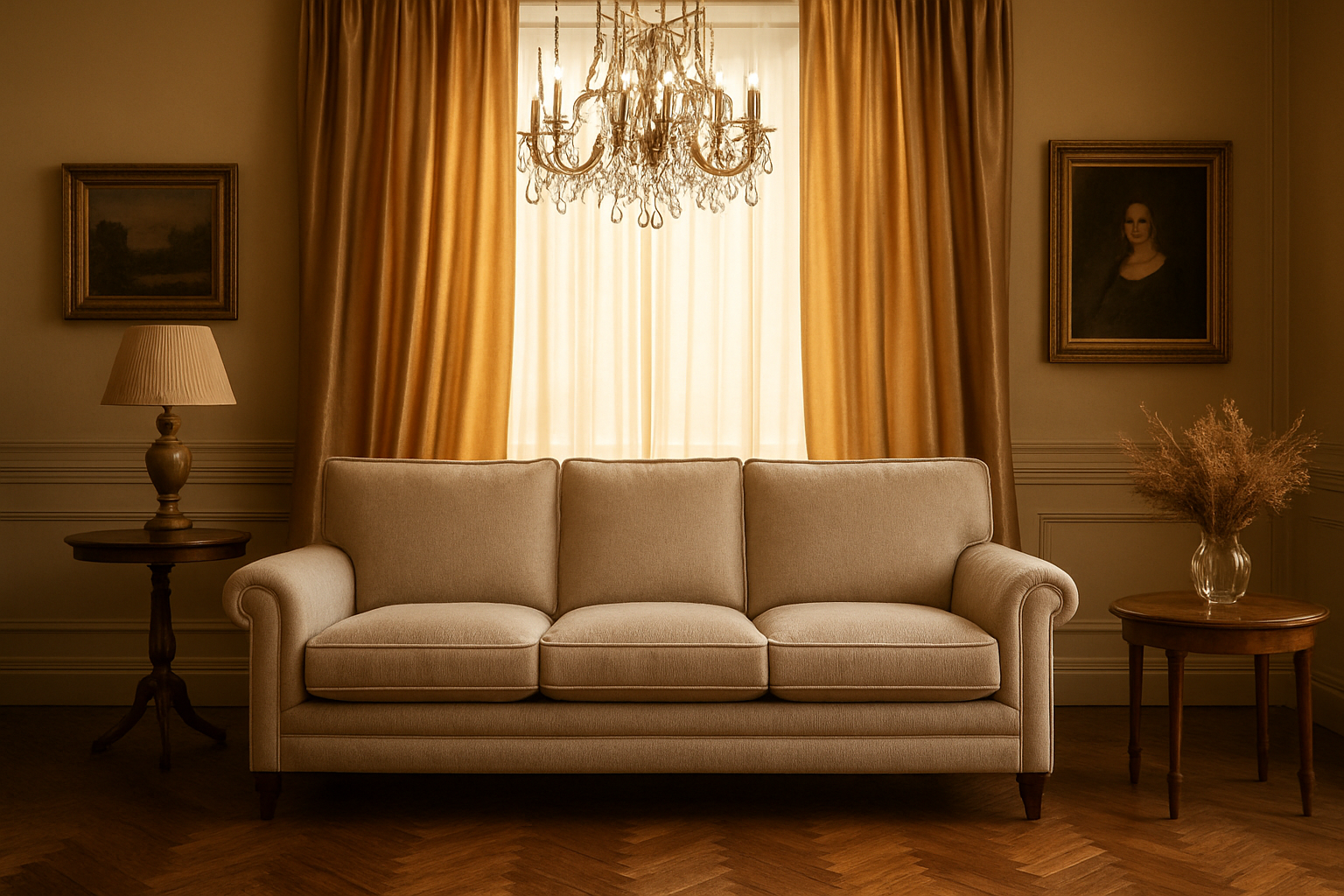 Create a realistic image of an elegant living room showcasing high-quality custom furniture including a luxurious beige fabric sofa and flowing silk curtains in warm golden tones, with rich wooden flooring and tasteful decor elements like a crystal chandelier and fine art pieces on the walls, conveying a sense of timeless investment and lasting value through premium materials and craftsmanship, soft warm lighting filtering through the curtains creating an atmosphere of sophistication and durability, absolutely NO text should be in the scene.