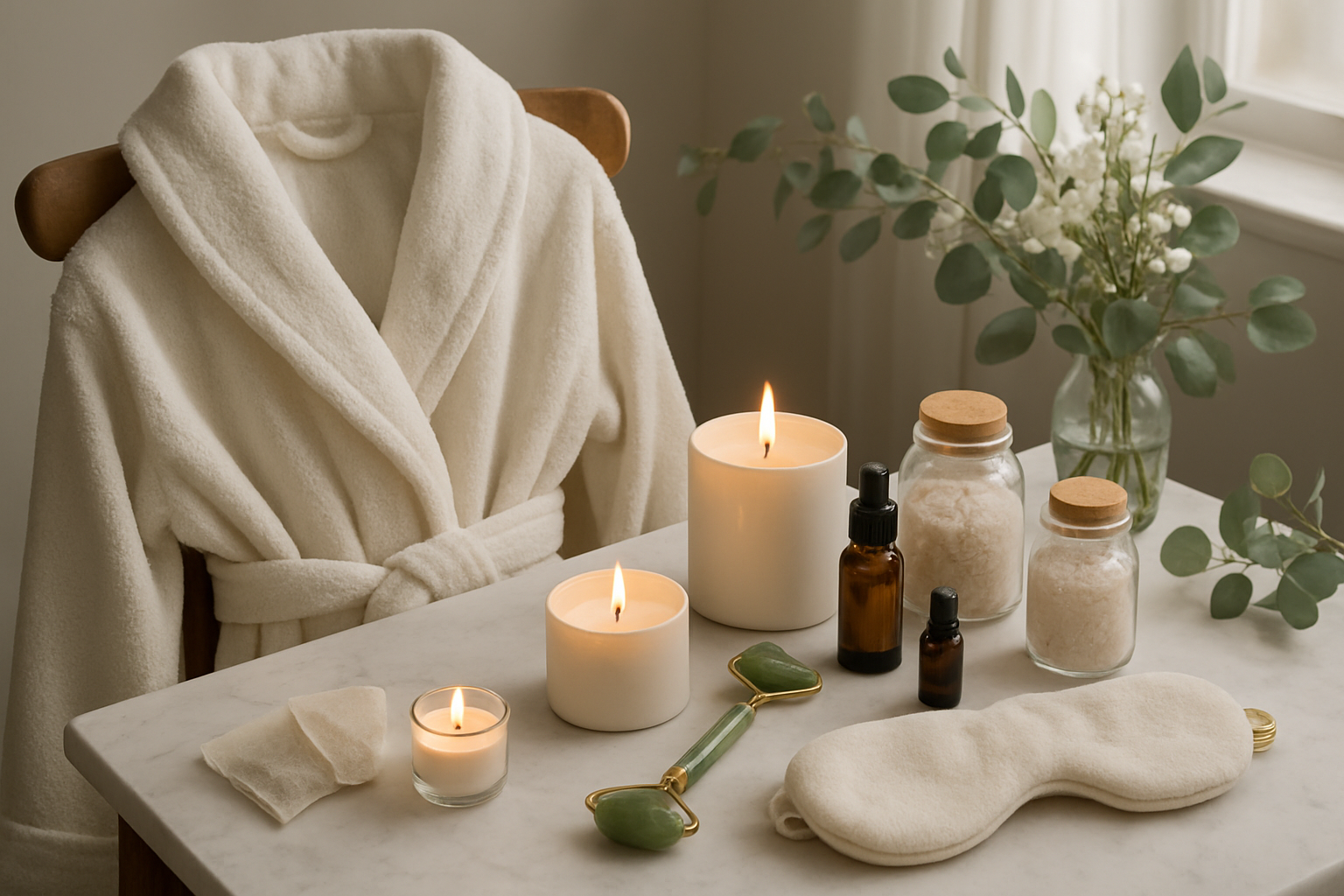 Create a realistic image of a serene spa-like setting featuring relaxation and stress relief gifts including a luxurious bathrobe draped over a wooden chair, aromatherapy candles with soft flickering flames, essential oil bottles, a jade face roller, bath salts in glass jars, a plush eye mask, and herbal tea bags arranged on a white marble surface, with soft natural lighting streaming through a window creating gentle shadows, surrounded by eucalyptus branches and white flowers, conveying a peaceful and calming mood perfect for Mother's Day self-care, absolutely NO text should be in the scene.