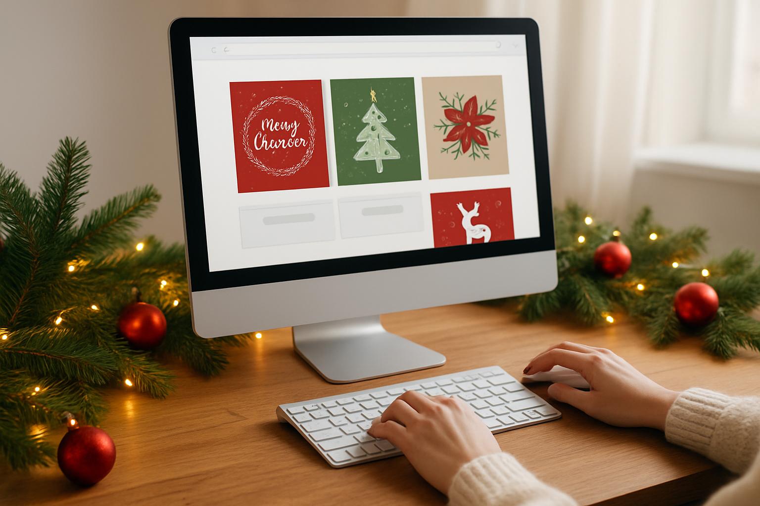 Create a realistic image of a clean, modern computer setup on a wooden desk showing an online shopping interface on the screen with Christmas greeting card thumbnails, a white female's hands positioned over a wireless keyboard and mouse, surrounded by festive Christmas decorations including pine branches, red ornaments, and warm golden fairy lights creating a cozy holiday atmosphere, with soft natural lighting from a nearby window, conveying an effortless and pleasant online shopping experience, absolutely NO text should be in the scene.