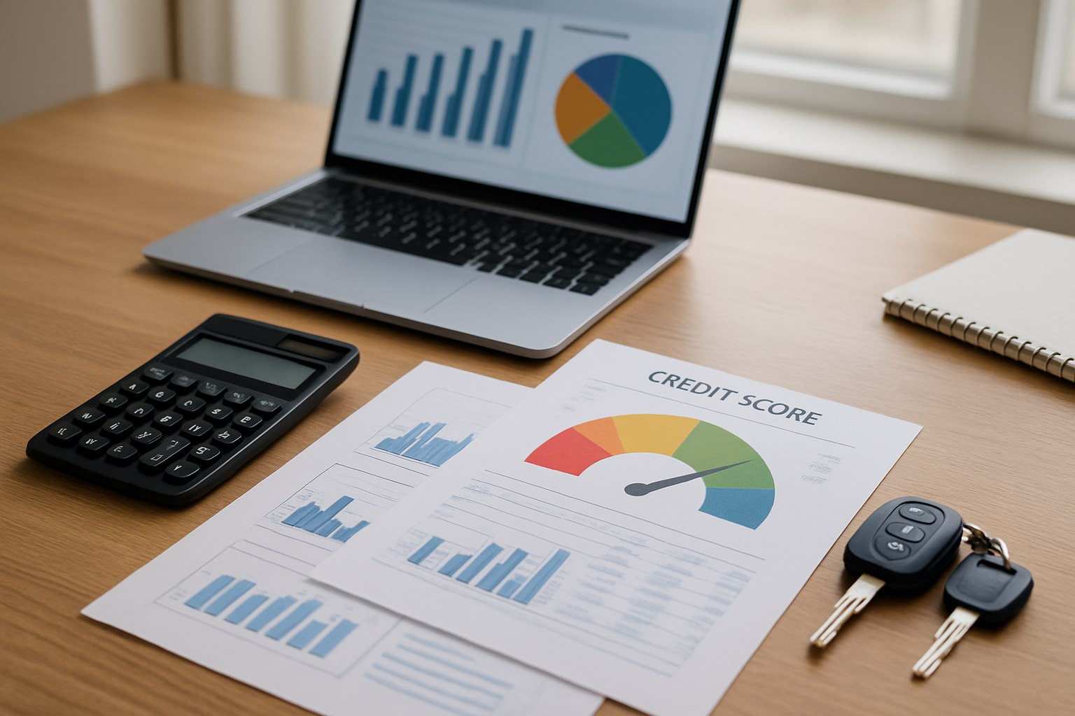 Create a realistic image of a modern office desk with financial documents, calculator, credit score report, and car keys arranged neatly on a wooden surface, with a laptop displaying charts and graphs in the background, soft natural lighting from a window, professional business atmosphere, clean and organized workspace setup, absolutely NO text should be in the scene.