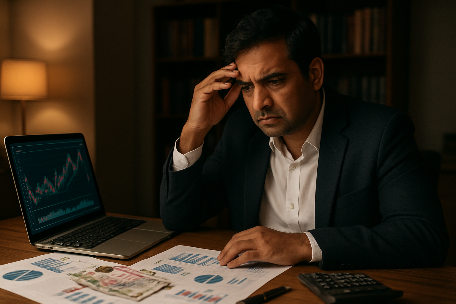 Create a realistic image of a South Asian male economist or financial analyst in his 40s wearing a white shirt and dark blazer, sitting at a modern desk with financial charts and graphs spread out, looking concerned while analyzing economic data on a laptop screen, with Indian rupee currency notes and coins scattered on the desk, a calculator and pen nearby, warm office lighting creating a serious analytical atmosphere, bookshelf with economic journals in the background, emphasizing deep research and analysis beyond surface-level news, absolutely NO text should be in the scene.