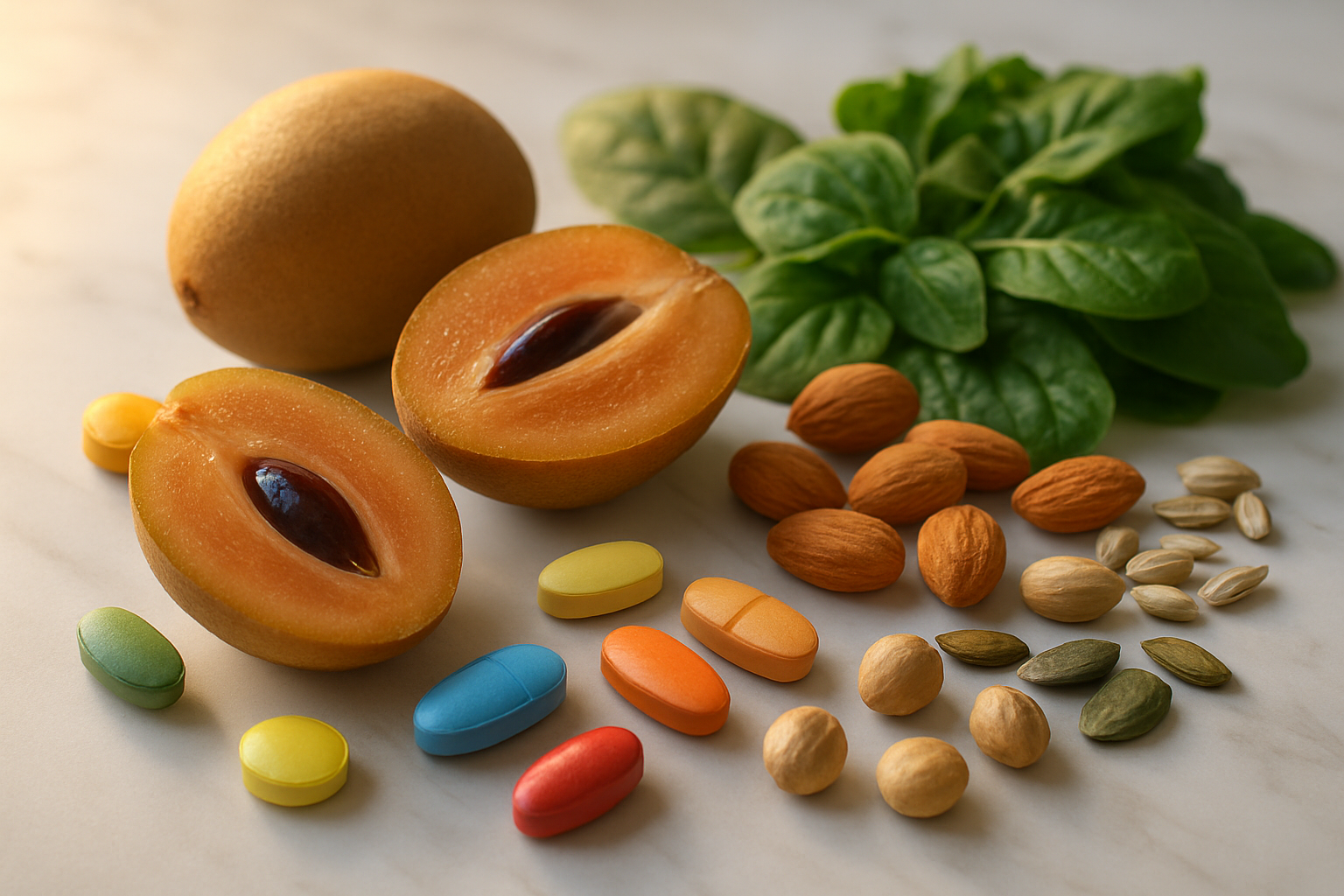 Create a realistic image of fresh sapodilla fruits cut open to reveal their brown flesh, arranged alongside vibrant symbols of nutrition including colorful vitamin pills, fresh leafy greens, nuts, and seeds scattered on a clean white marble surface, with soft natural lighting highlighting the nutritional elements, warm golden hour ambiance suggesting health and vitality, absolutely NO text should be in the scene.