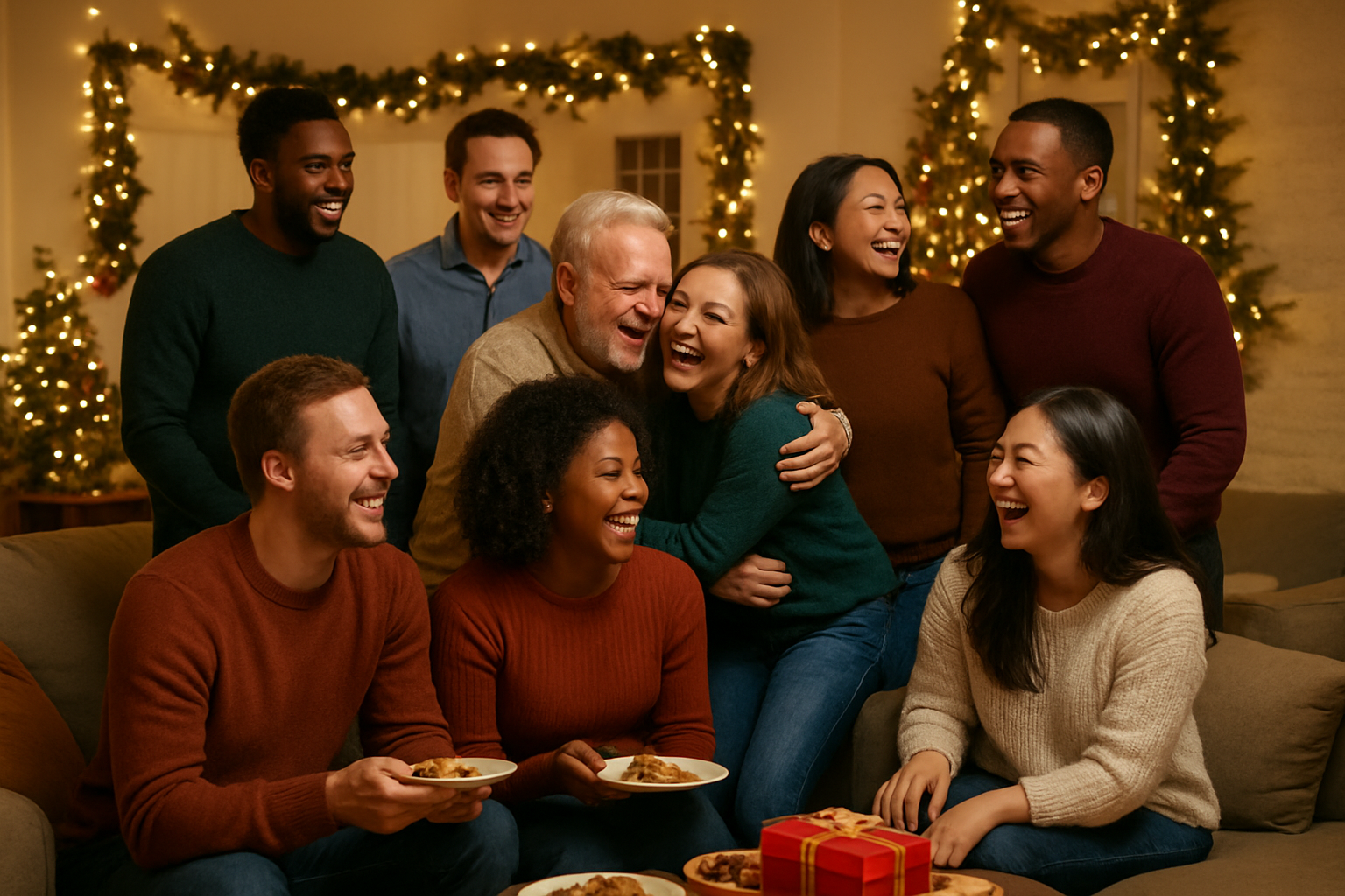 Create a realistic image of a diverse group of people including white, black, and Asian males and females of various ages gathered together in a cozy community center or living room during Christmas time, sharing food and conversation, with Christmas decorations like garland and warm string lights in the background, people embracing and laughing together, some sitting on couches and others standing in small groups, warm golden lighting creating an inviting atmosphere that conveys friendship and belonging, with a few wrapped gifts and holiday treats visible on tables, absolutely NO text should be in the scene.