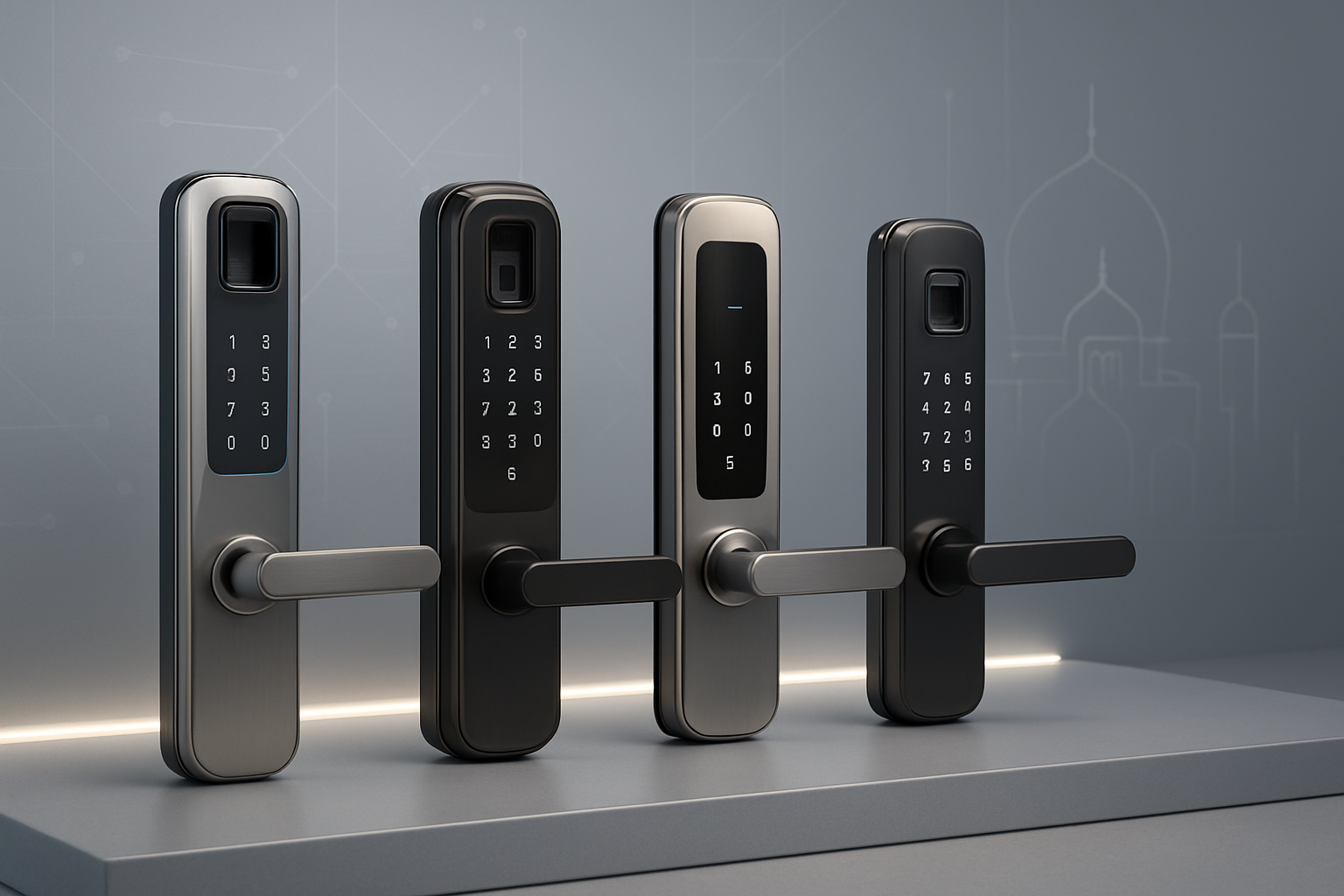 Create a realistic image of multiple modern smart door locks with sleek designs featuring fingerprint scanners, digital keypads, and smartphone connectivity indicators, arranged on a contemporary display surface with soft LED lighting, set against a minimalist background with subtle geometric patterns representing digital connectivity and UAE architectural elements, captured in bright professional lighting that highlights the metallic finishes and advanced technological features of the locks, absolutely NO text should be in the scene.