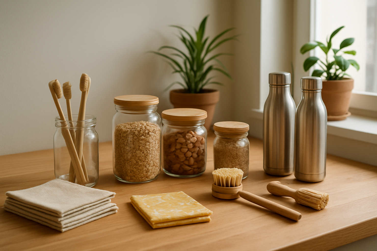 Create a realistic image of a beautifully organized modern home interior showcasing zero-waste lifestyle elements including bamboo toothbrushes in a glass jar, reusable cloth napkins folded neatly, glass containers with bulk items, wooden cleaning brushes, stainless steel water bottles, beeswax food wraps, and potted plants on a clean wooden countertop with soft natural lighting streaming through a window, creating a warm and sustainable atmosphere that represents the successful transformation to an eco-friendly home, absolutely NO text should be in the scene.