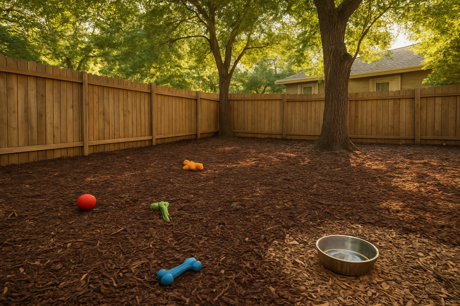 Create a realistic image of a well-maintained dog yard with rich brown mulch and natural wood chips covering the ground instead of grass, featuring a wooden fence boundary, scattered dog toys on the mulched surface, a small water bowl placed on the wood chip area, mature trees providing shade in the background, warm natural lighting filtering through the foliage, and a cozy residential backyard setting that demonstrates an attractive, budget-friendly grassless solution for pet owners, absolutely NO text should be in the scene.