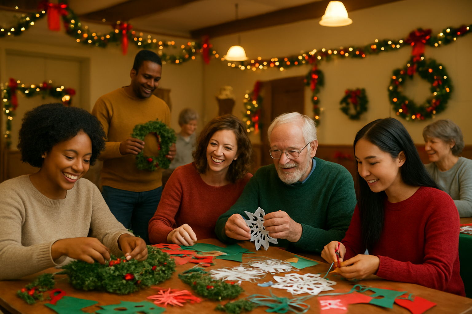 Create a realistic image of diverse community members of different races and genders gathered in a warm, festively decorated community center or church hall, working together to create holiday decorations and ornaments, with handmade wreaths, paper snowflakes, and colorful garlands spread across tables, soft warm lighting from overhead fixtures and twinkling Christmas lights, people smiling and collaborating while crafting, festive red and green decorations adorning the walls, creating an atmosphere of togetherness and shared creativity during the holiday season, absolutely NO text should be in the scene.