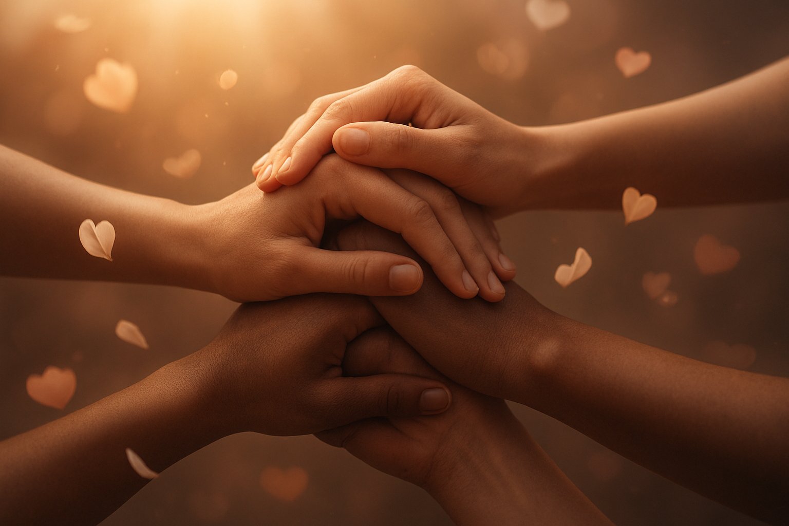 Create a realistic image of diverse hands of different skin tones gently interlocked in the center, surrounded by soft floating elements like delicate flower petals, warm golden light rays, and subtle heart-shaped bokeh effects, set against a soft blurred background with warm amber and rose gold tones, conveying unity, trust, and emotional connection, with gentle natural lighting creating a peaceful and intimate atmosphere, absolutely NO text should be in the scene.
