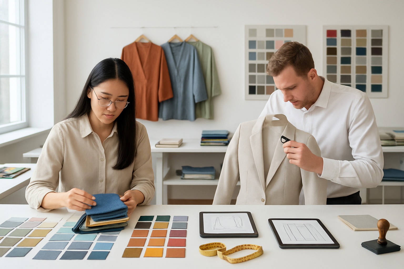 From Sampling to Shipment: A Transparent Apparel Export Process for Global Buyers in 2026 Create a realistic image of a modern textile design studio with fabric samples, color swatches, and garment prototypes neatly organized on white tables, featuring an Asian female designer reviewing fabric samples while a white male quality control specialist examines a prototype garment with a magnifying glass, surrounded by digital tablets displaying technical drawings, sample boards mounted on walls, measuring tools, and approval stamps on a clean desk, set in a bright, well-lit professional workspace with large windows providing natural lighting, conveying an efficient and organized workflow atmosphere, absolutely NO text should be in the scene.